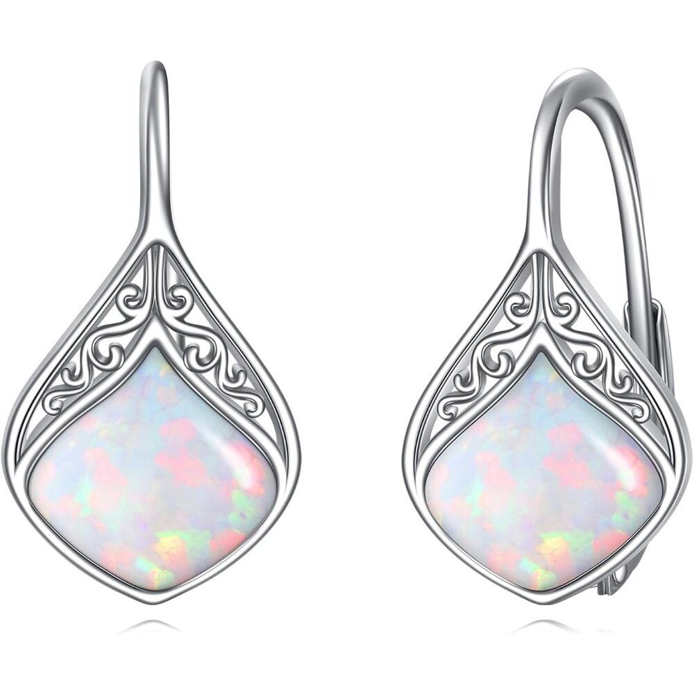 925 Sterling Silver White Opal Dangle Earrings Fo… - image 1